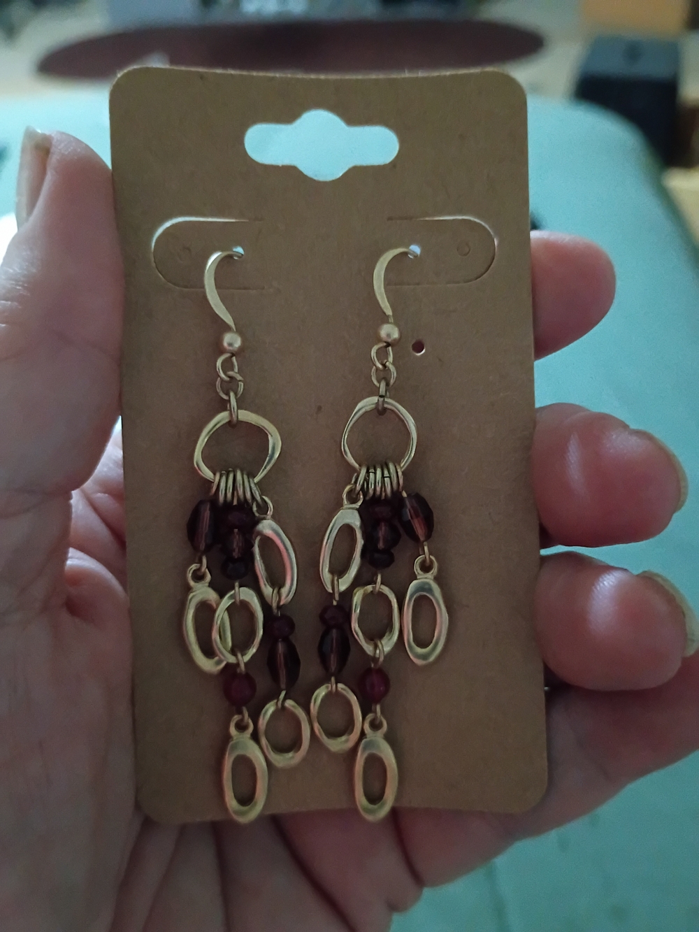 Gold-Tone Dangle Earrings with Garnet Beads